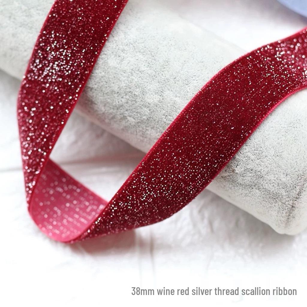 Green Velvet Ribbon with Gold & Silver Glitter Thread for DIY Hair Accessories