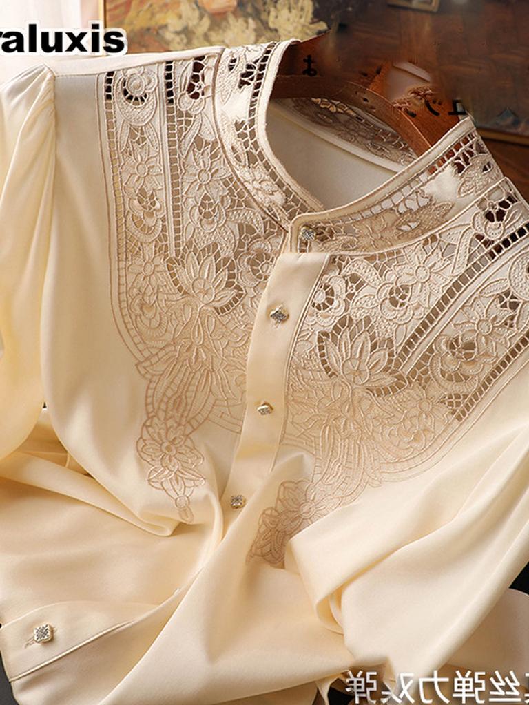 Luxuriöses Elegantes Design ~ Seiden-Nadelspitzenstickerei Damen Langarm-Hemd Sommer-Top