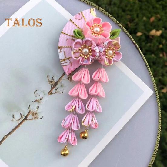 Fan Style Hairpin with Flowers Bells Faux Pearls Decor Japanese Kimono Ancient Style Hair Clip Hair Accessories