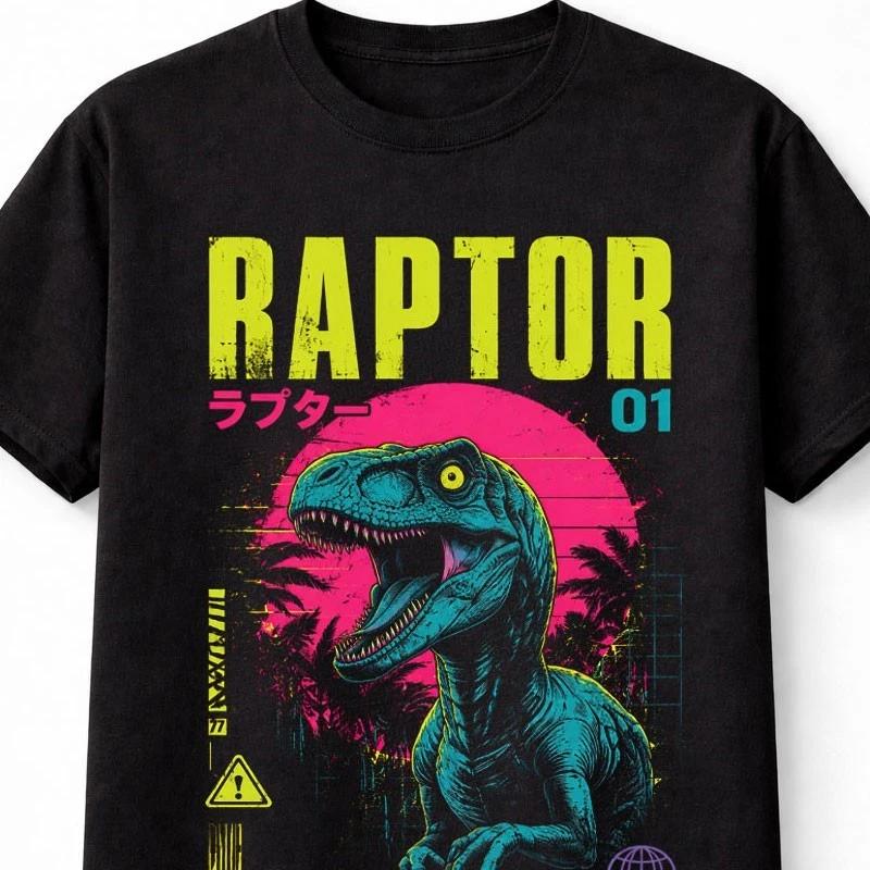 Velociraptor Dinosaur Japanese Retro Sunset Graphic Unisex TShirt S