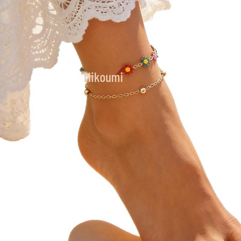 European & American Trendy Floral Daisy Anklet - Colorful Summer Beach Foot Jewelry for Women