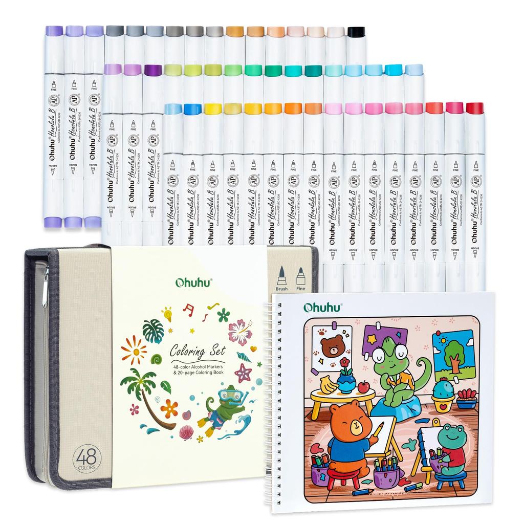 Ohuhu Illustration Markers 48 Colors Brush Type Fine Tip Coloring Book Set Alcohol Markers Art Marker Pens Quick Drying Illustration Pens DIY Gift