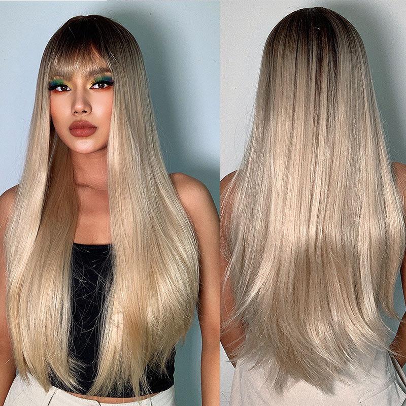 Cover Bangs Gradient Gray Long Silk Wigs High Temperature Chemical Fiber Wig Head Straight Hair