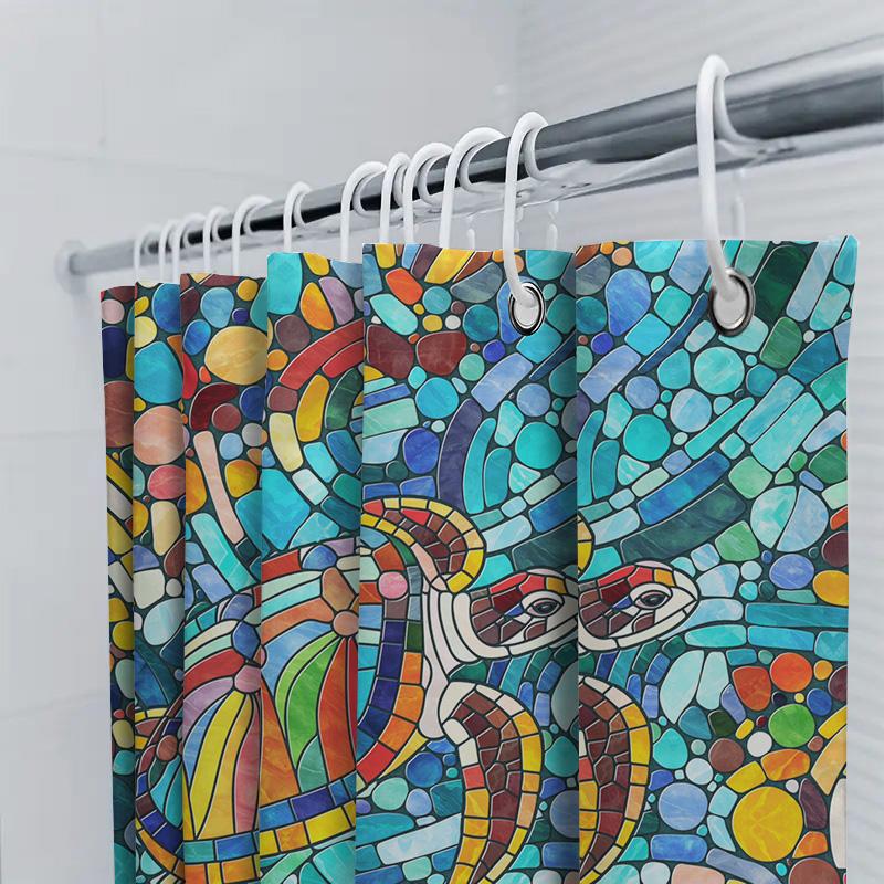 Handmade Mosaic Shower Curtain, Sea Turtle Print, Waterproof Fabric Bath Mat Decor, Multicolor Artistic Stained Glass Design Hom