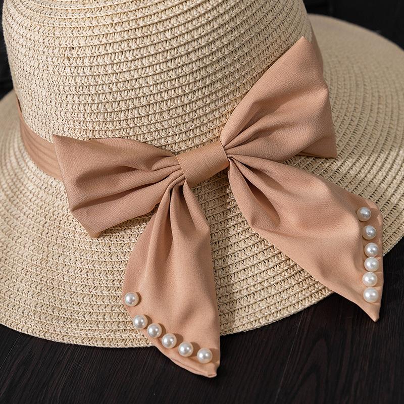 Women's Summer Straw Sun Hat with Wave Brim, Butterfly Bow & Faux Pearl Accents, Beach Hat, Outdoor Travel Vacation Hat