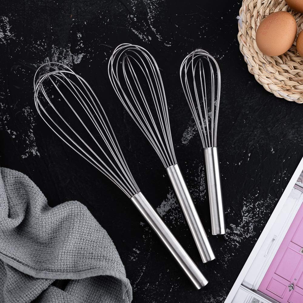 Stainless Steel Whisks with 3 Packs 8"+10"+12" Kitchen Whisk Set Kitchen Whip Kitchen Utensils Wire Whisk Balloon Whisk Set for Blending Whisking