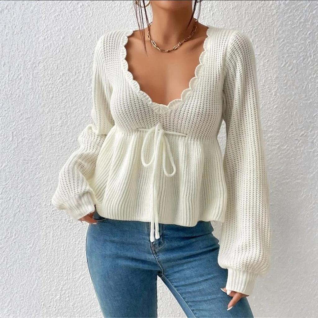 Women's Casual Fashion Loose V-neck Drawstring Ruffled Skirt Knitted Pullover Top