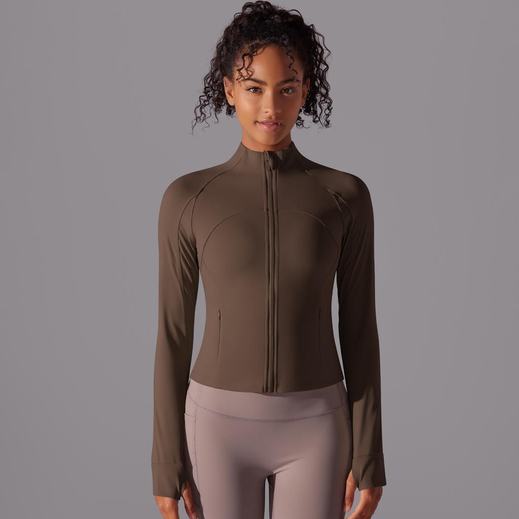 Stand Collar Long Zipper Long Sleeve Coat Brushed Tight Sports Running Fitness Yoga Clothing Top For Women