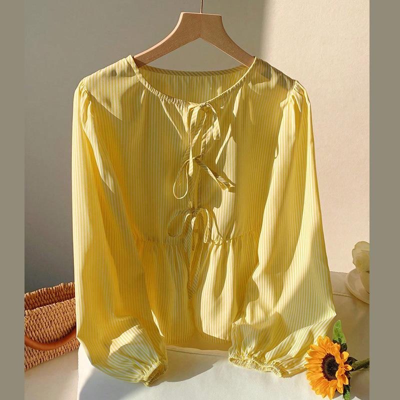 spring sexy bow strap hollow out Women Blouse Shirt Autumn yellow stripe O-Neck Long Sleeve cardigan Casual loose Shirts female