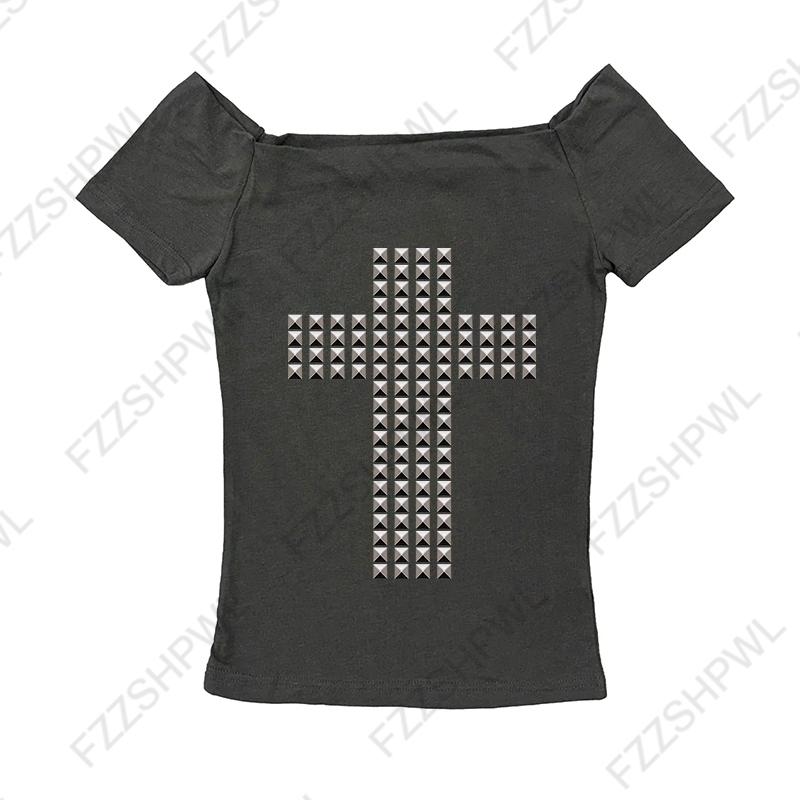 VAYLA Gothic Punk Rock Hip Hop Damska koszulka z krótkim rękawem Seksowna, dopasowana, szykowna, swobodna, podstawowa, metaliczna, dekoracyjna, krótka bluzka Y2K Emo Girl Clothes