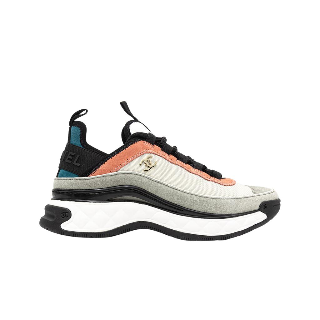 (w) Chanel Mixed Fibers Sneakers Fabric Suede Calfskin & White Light Grey Pink