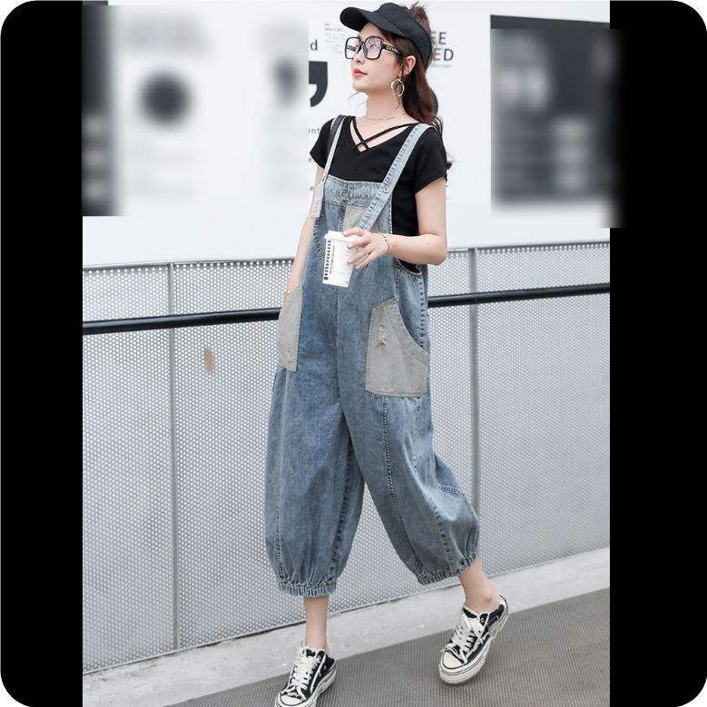 Retro Denim Overalls Women's Spring and Autumn Age-reducing Hong Kong Flavor Loose Patch Fashion Harlan Age-reducing Nine-point Pants
