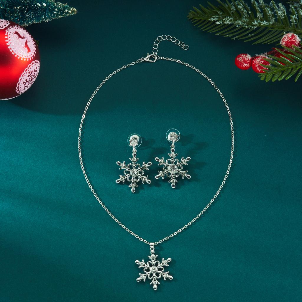 Christmas Full Rhinestone Snowflake Stud Earrings for Women Girls Exquisite Pendant Necklace Fashion Wedding Party Jewelry Set