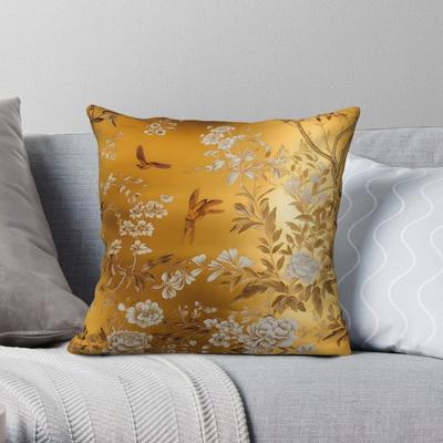Gold Chinoiserie Floral Square Pillowcase Polyester Linen Velvet Pattern Zip Decor Throw Pillow Case Sofa Seater Cushion Cover