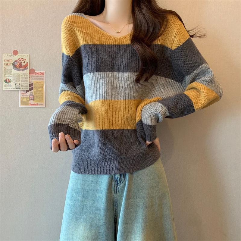 

Женский вязаный топ с V-образным вырезом, цветными блоками и полосками, с длинным рукавом, осенне-зимний, корейский, свободный, прилегающий, пуловер, молодежный базовый слой One Size жёлтый