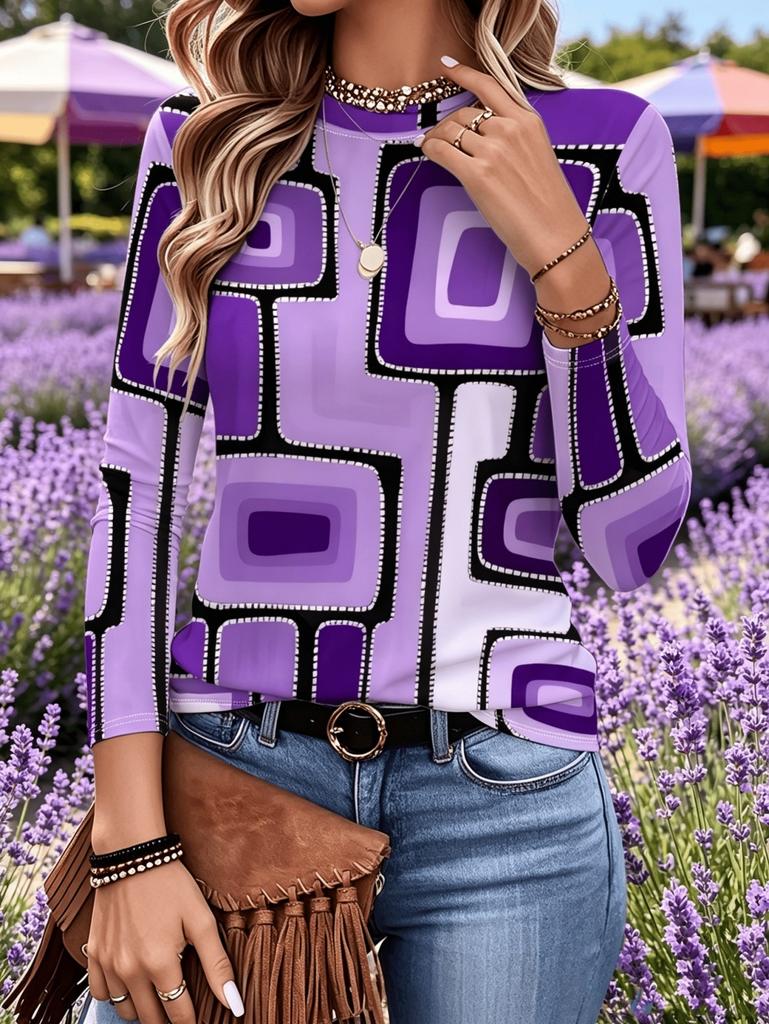 Fashion Women's Long Sleeve T-Shirts Geometric Splice 3D Printed Round Neck Fall Spring Tops Tees Oversized Women's Clothing