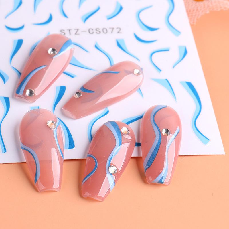 1 arkusz Ultra cienka geometria 3D nieregularna wirująca fala krowa naklejka do Manicure w stylu francuskim wzory pasków naklejka na linię paznokci