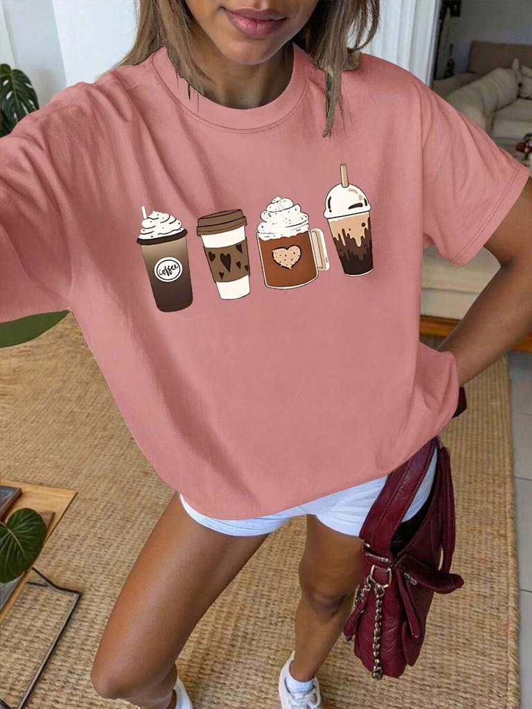 Plus Size Casual Coffee Themed Te Short Sleeve With Unique Print