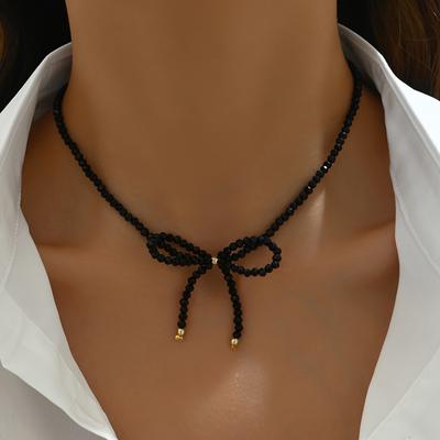 1 Stück Elegante Schwarze Kristall Schleife Choker Halskette Verstellbarer Handgefertigter Schmuck Für Frauen Minimalistisch Party Hochzeit Modeaccessoire