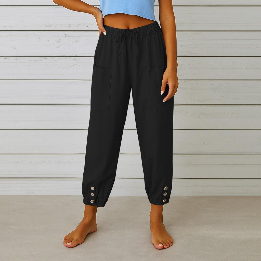 Women's Fashion Solid Color Hemp Cotton Pocket Leg Tight Waist Casual Pants