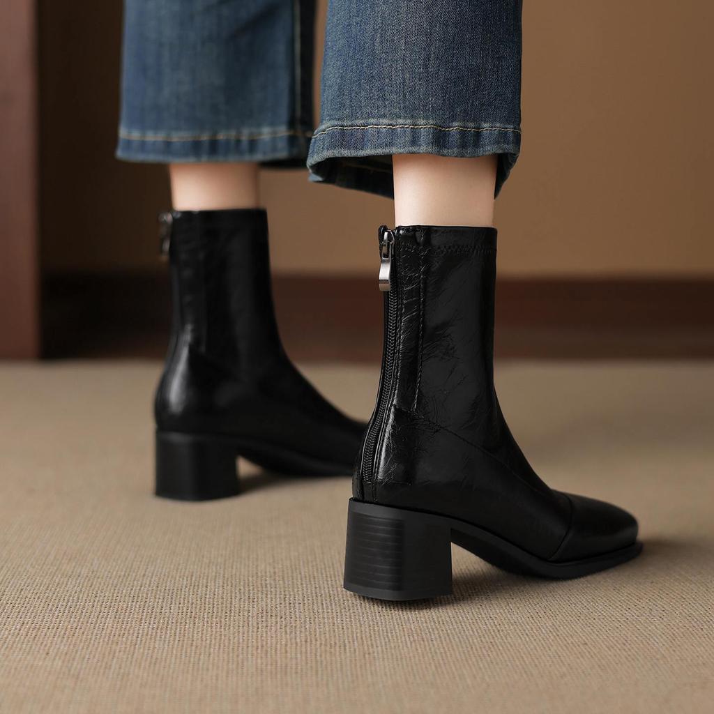 Krazing Pot Microfiber Square Toe Med Heels Elastic Boots Size 43 Slip On Women  Basic Design Ankle Boots