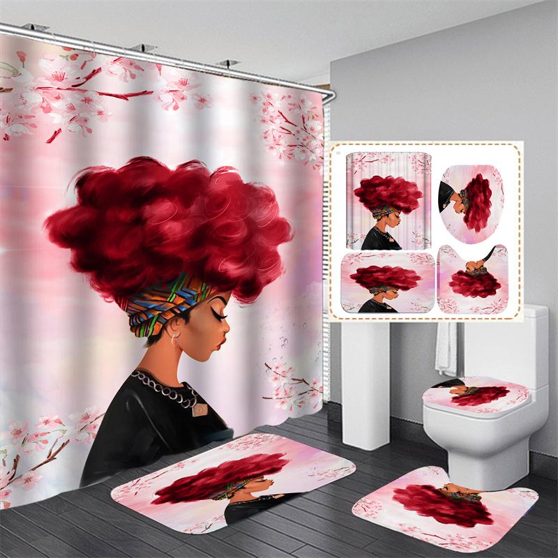 Afroamericano Afro Sexy Chica Negra Mujeres Arte Diseño Arte Graffiti Juego de Cortinas de Ducha para Baño Alfombrillas Alfombras Tapa de Inodoro Poliéster con Ganchos