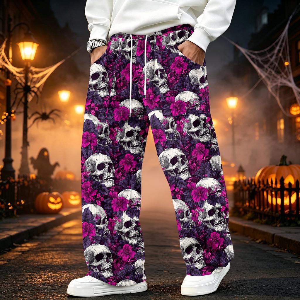 Men's Corduroy Straight Leg Joggers with Elastic Waistband and, Loose Fit Casual Pants, Halloween Print