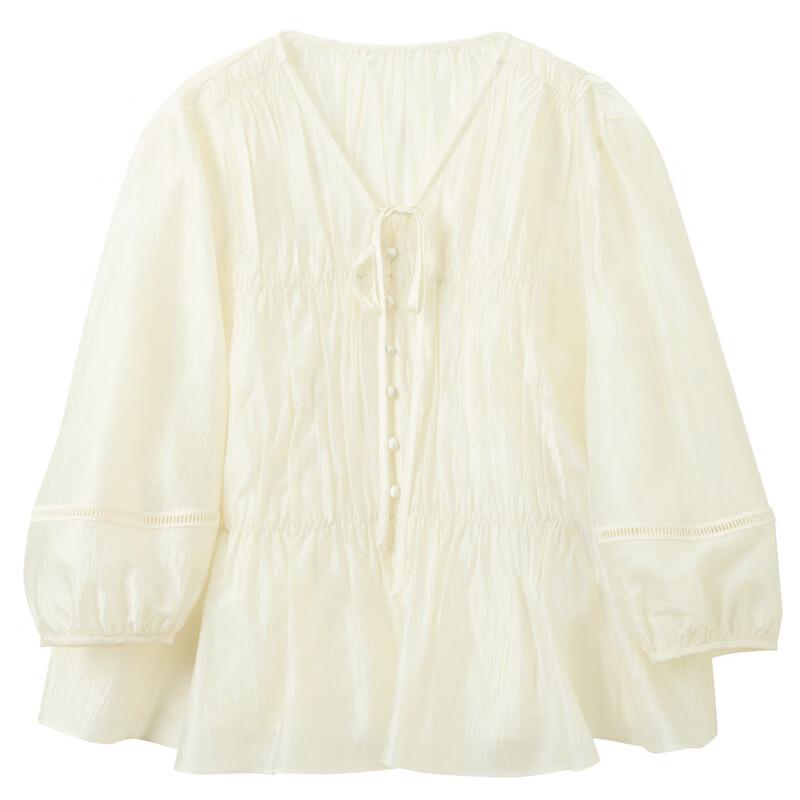 SANCITY Acetate Pleated V-Neck Lantern Sleeve Top