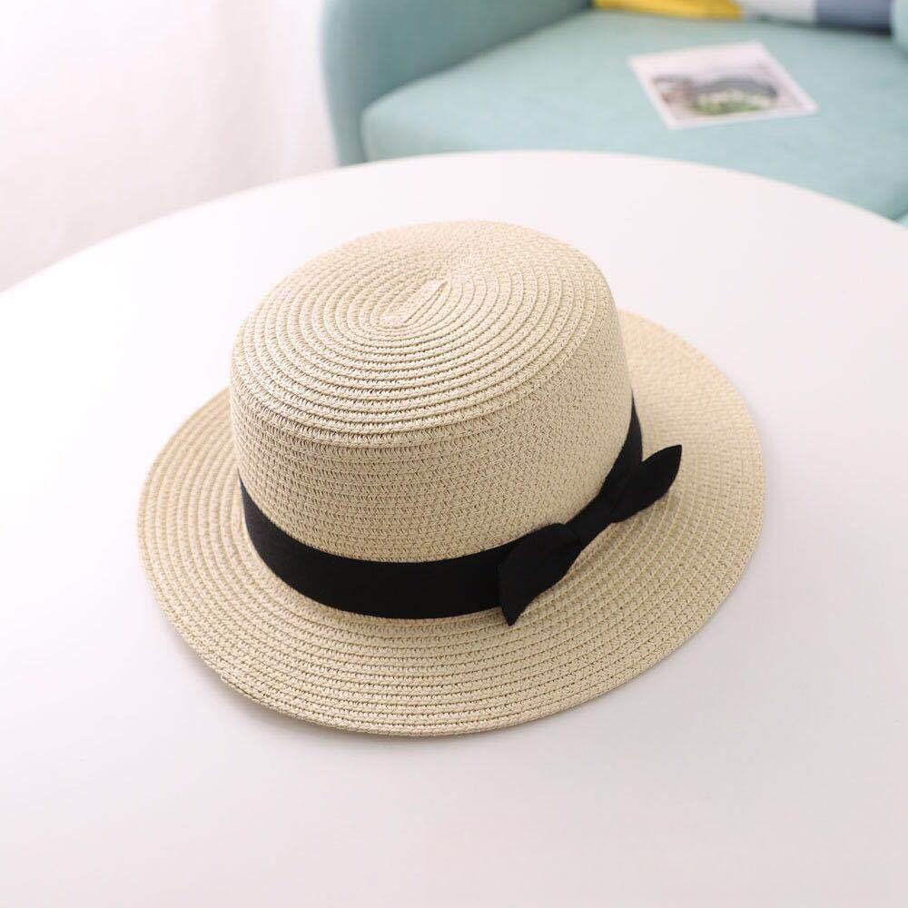 1pc Panama Hat Simple boater Summer Beach Hat Female Casual Lady Women Flat Brim Bowknot Straw Cap Girls Sun Hat Chapeu Feminino