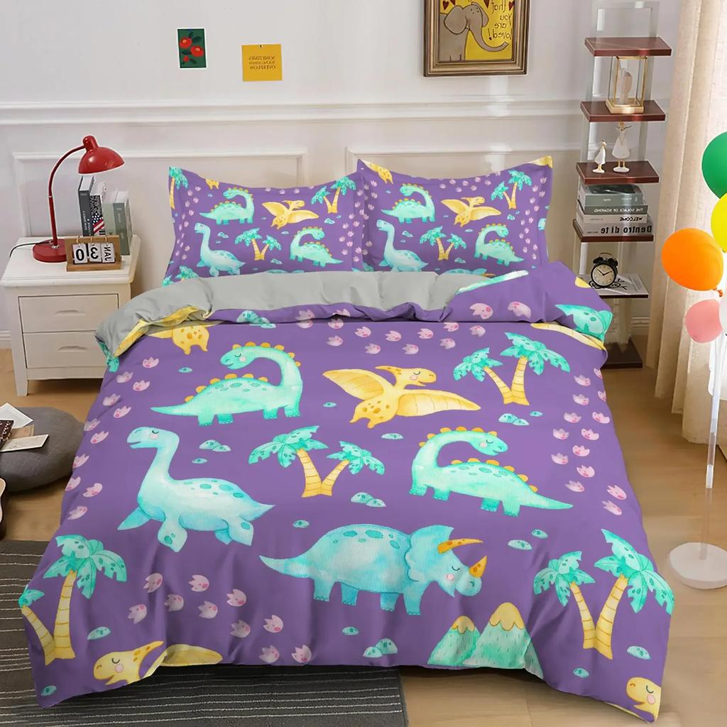Niedlicher Dinosaurier 3D Cartoon Tier Bequemer Bettbezug Bettdecke Kissenbezug Bettwäscheset Kinder Schlafzimmer Dekoration Heimtextil
