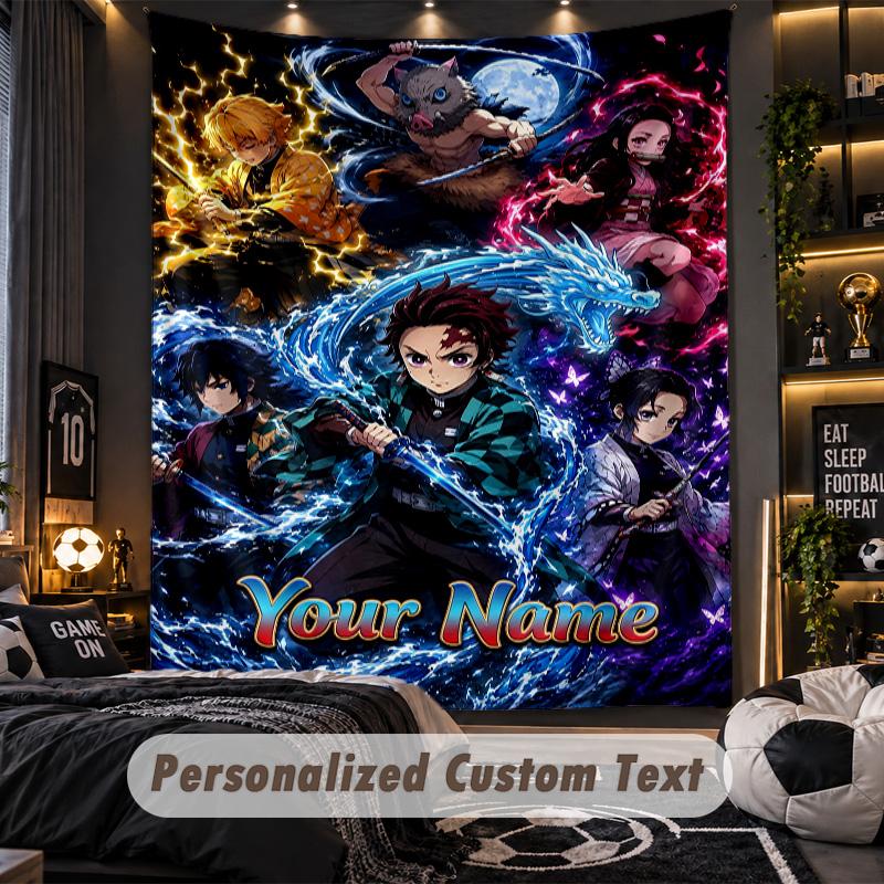 Personalized Wall Tapestry,Demon Slayer Custom Printed Name, Fabric Wall Art For Indoor Room Backdrop