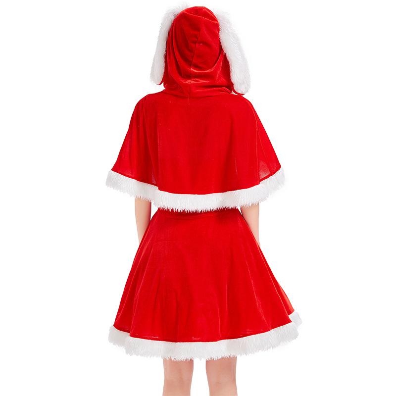 Adult Women Christmas Xmas Rabbit Ear Hooded Shawl Cloak Dress Set New Year Halloween Role Play Dress Up Cosplay Costume