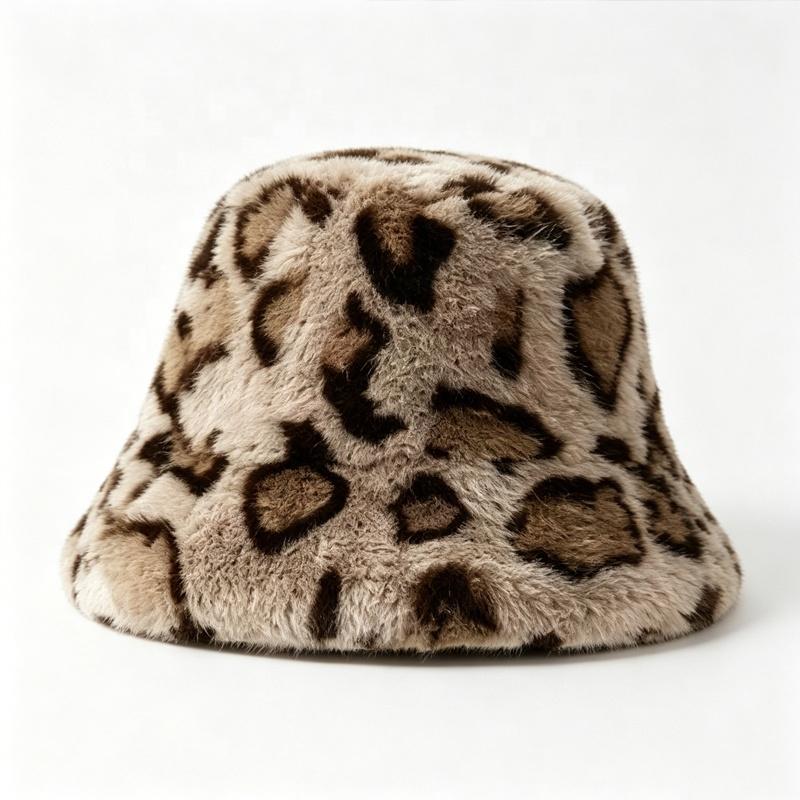 Zeyu New Fashion Leopard Print Cashmere Bucket Hat Women Winter Thick Warm Plush Fisherman Cap Casual Outdoor Party Travel Daily
