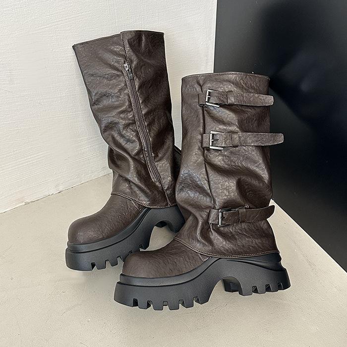 

Thick-soled pleated belt buckle trouser boots women s 2025 new European and American retro style but knee fashion boots knight boots tide 40 коричневый