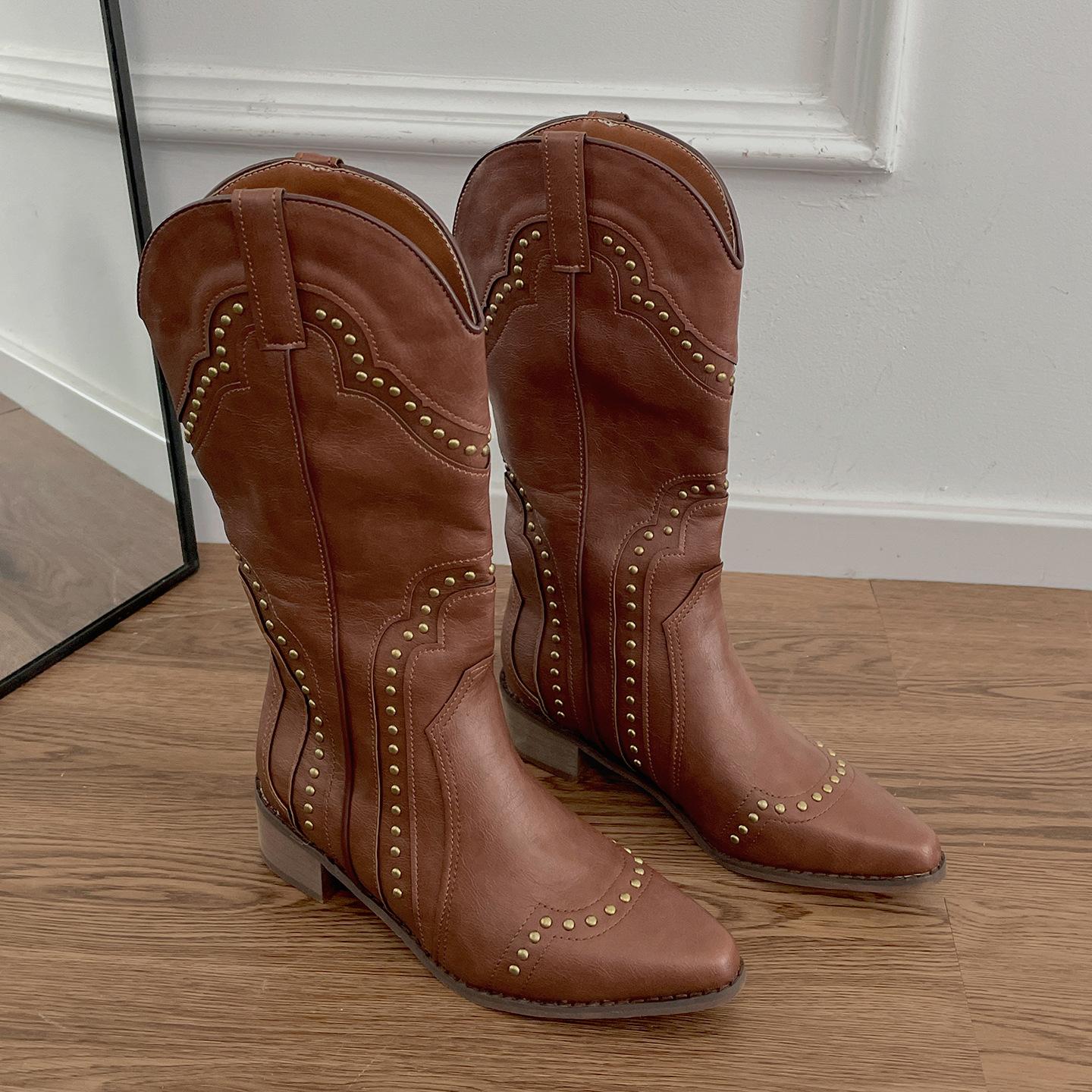 Maillard Brown Pointed Coarse Heel Western Cowboy Boots Autumn Skinny Height Boots 35