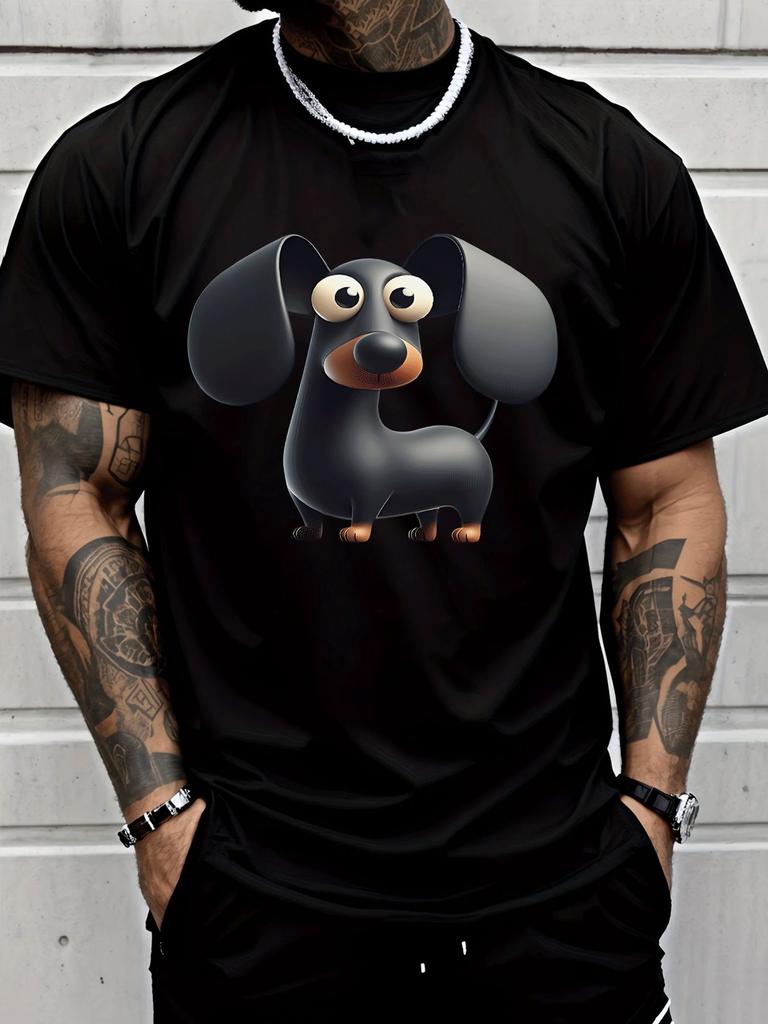 Cute Cartoon Black Dachshund Pet Animal Graphic Unisexs Cotton Crew Neck Tee Short Sleeve Loose Casual Daily Street Male Wear Top