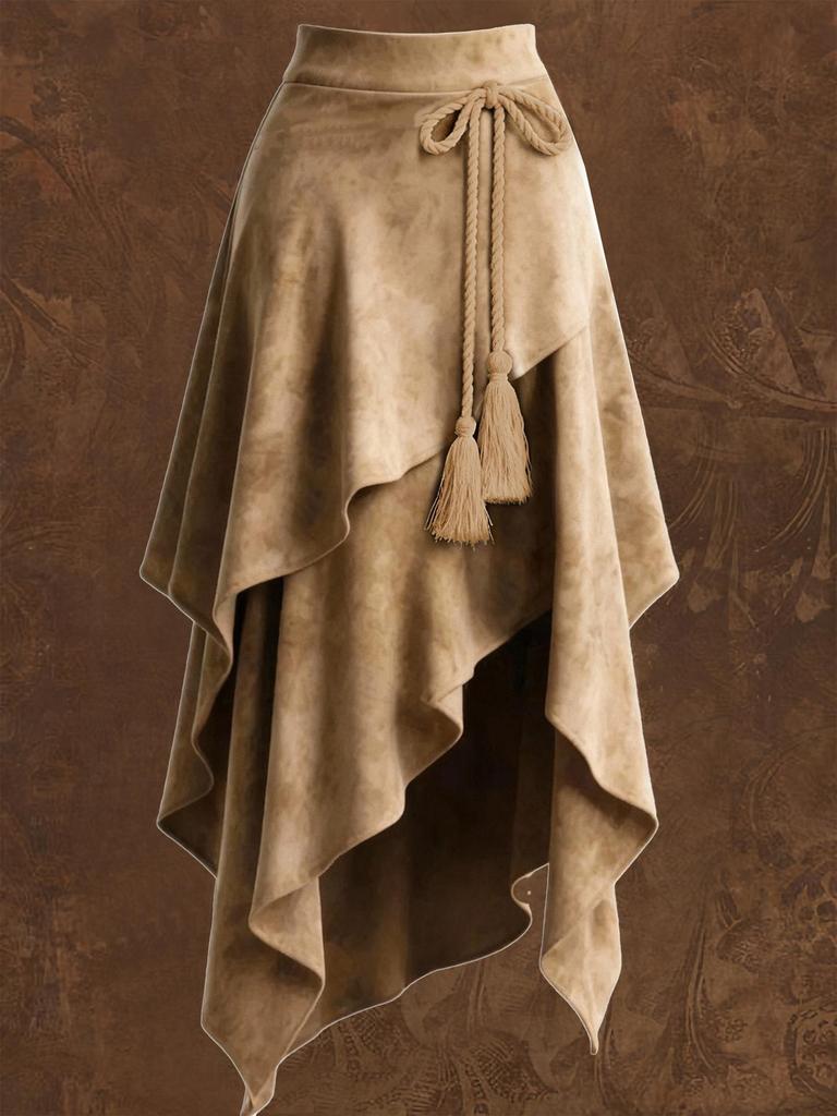Women's 2025 Coffee Suede Half Skirt: Autumn Irregular Lace-up Slimming A-line Mid-length