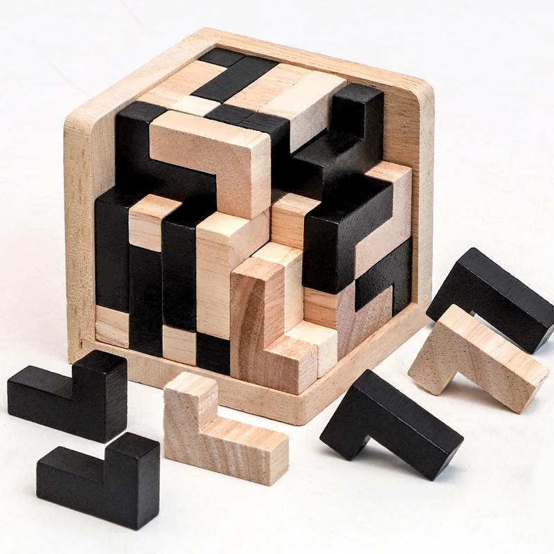 L-Shape Jigsaw Logic Puzzle Cube Wooden Brain Teaser for Adults Kids IQ Challenge Intellectual Gifts Eductional Toys