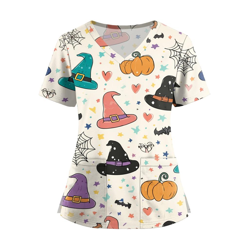 Dámská móda Overal s krátkým rukávem a výstřihem do V s kapsami Potisk Topů Oblečení