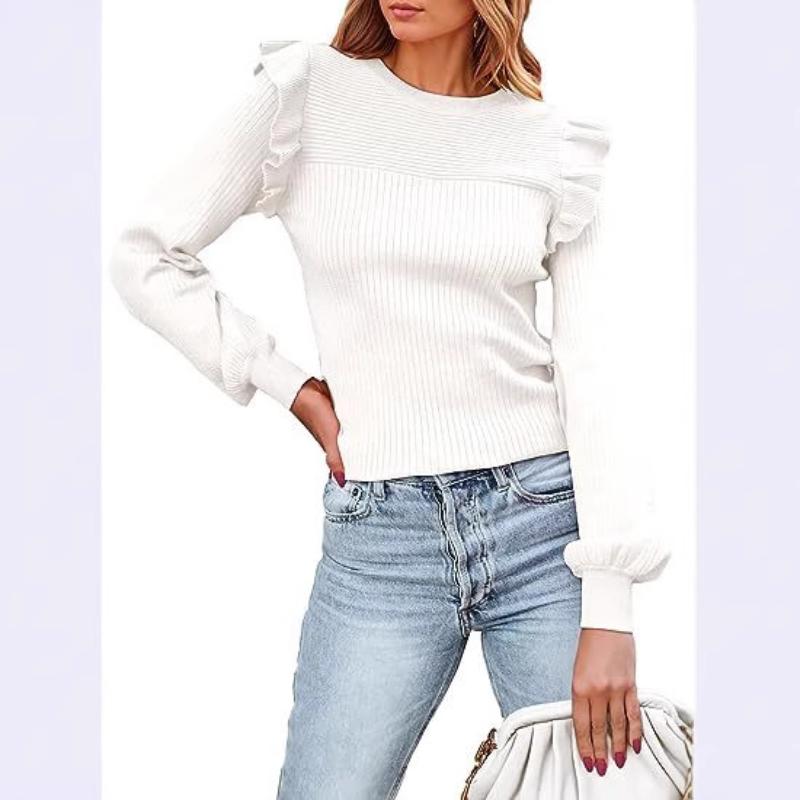 Autumn and Winter New Round Neck Knitted Round Neck All Match Women's Wear Casual Long Sleeve Casual Lantern Sleeve Tops