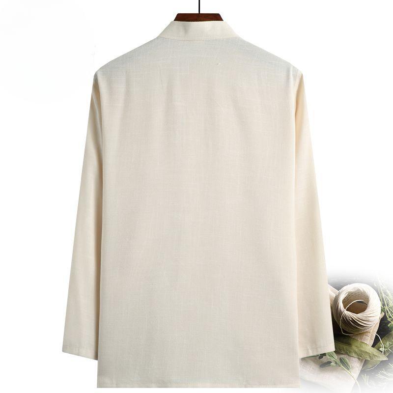 Chinese Style Spring Tang Suit Men's Long-sleeved Chinese Thin Linen Shirt Men's Dad Cotton and Linen Top