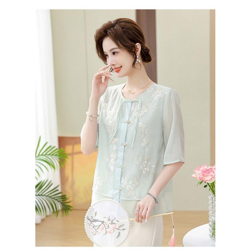 Bluză Casual Verde Deschis pentru Femei, cu Gât Rotund, Mânecă Scurtă, Nasturi Tip Broscuță, Broderie Florală, Croială Largă