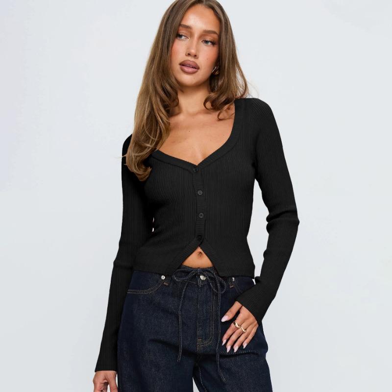Women S V Neck Long Sleeve Ribbed Button Front Cardigan