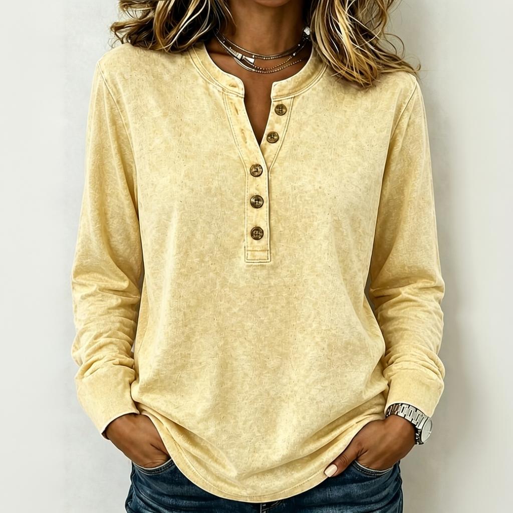 Camicia da Donna Retro a Maniche Lunghe Scollo a V Bottoni Vestibilità Larga Usurata Top