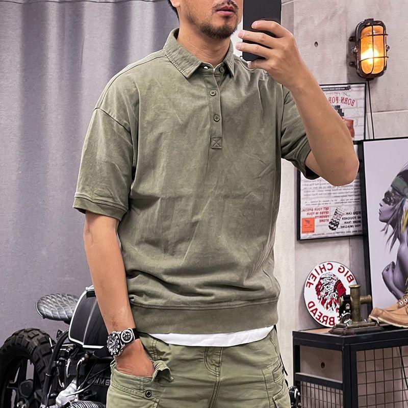 

Американское ретро однотонная летняя футболка-поло с коротким рукавом, футболка с лацканами, мужской топ из чистого хлопка с рукавом до локтя L зелёный