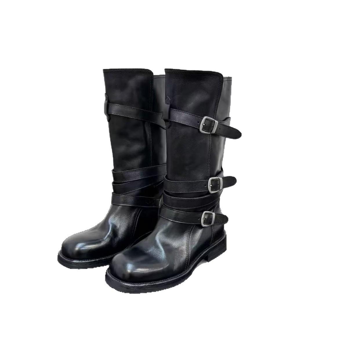 

2025 autumn and winter new wrap-around belt buckle ornament round head thick heel dark style fashion boots 40