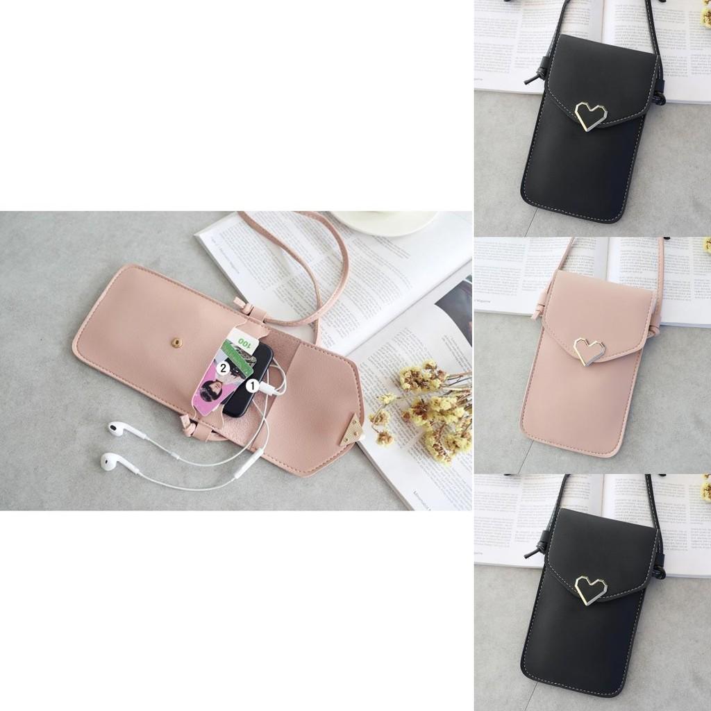 Stylish Women Simple Pu Leather Heart-shaped Decor Transparent Touch-screen Mobile Phone Bag