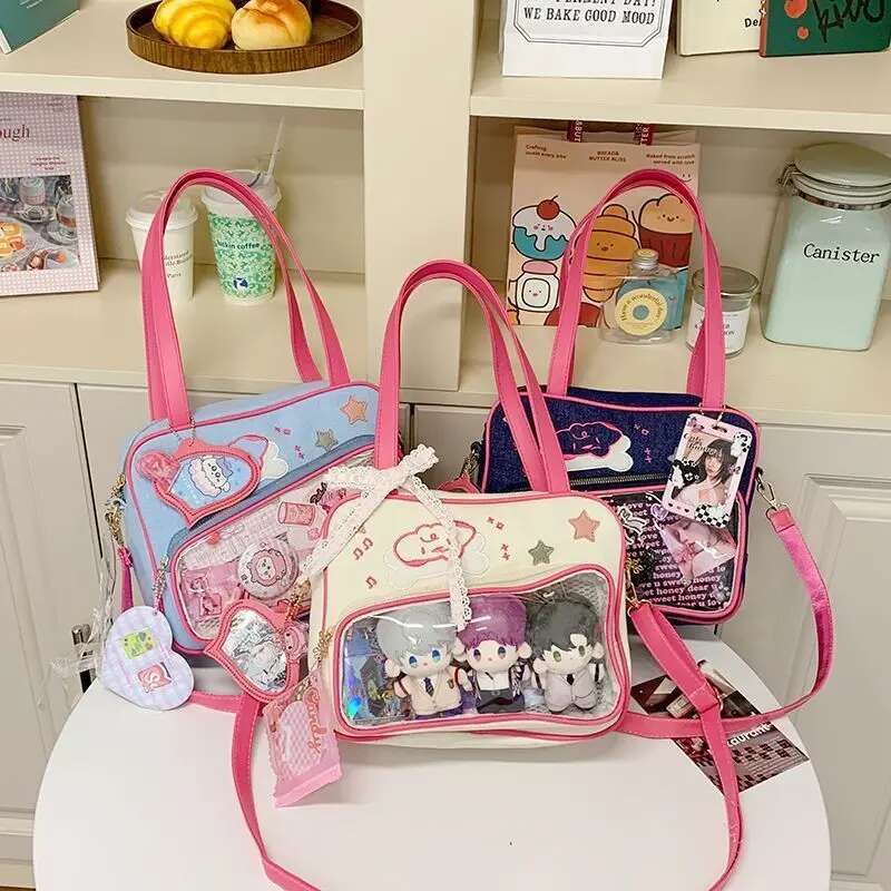 Y2K Cute Denim Ita Bag Girl Transparent Messenger Bag Women Fashion Shoulder Crossbody Bag Lady DIY Badge Totebag Lolita Handbag
