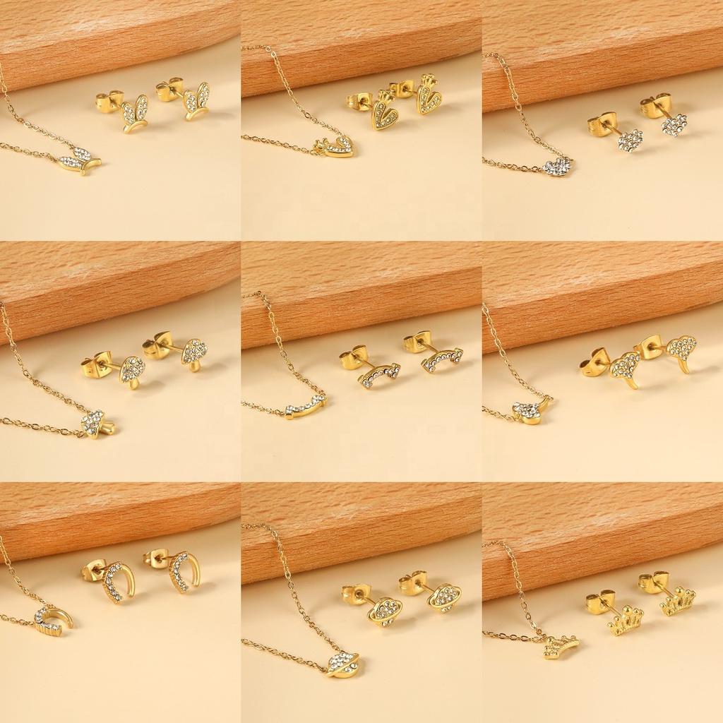 Fashion Bridal Gold Stainless Steel Pendant Necklace Earrings Jewelry Set for Women Plated18k Gold Necklace and Studs Earrings