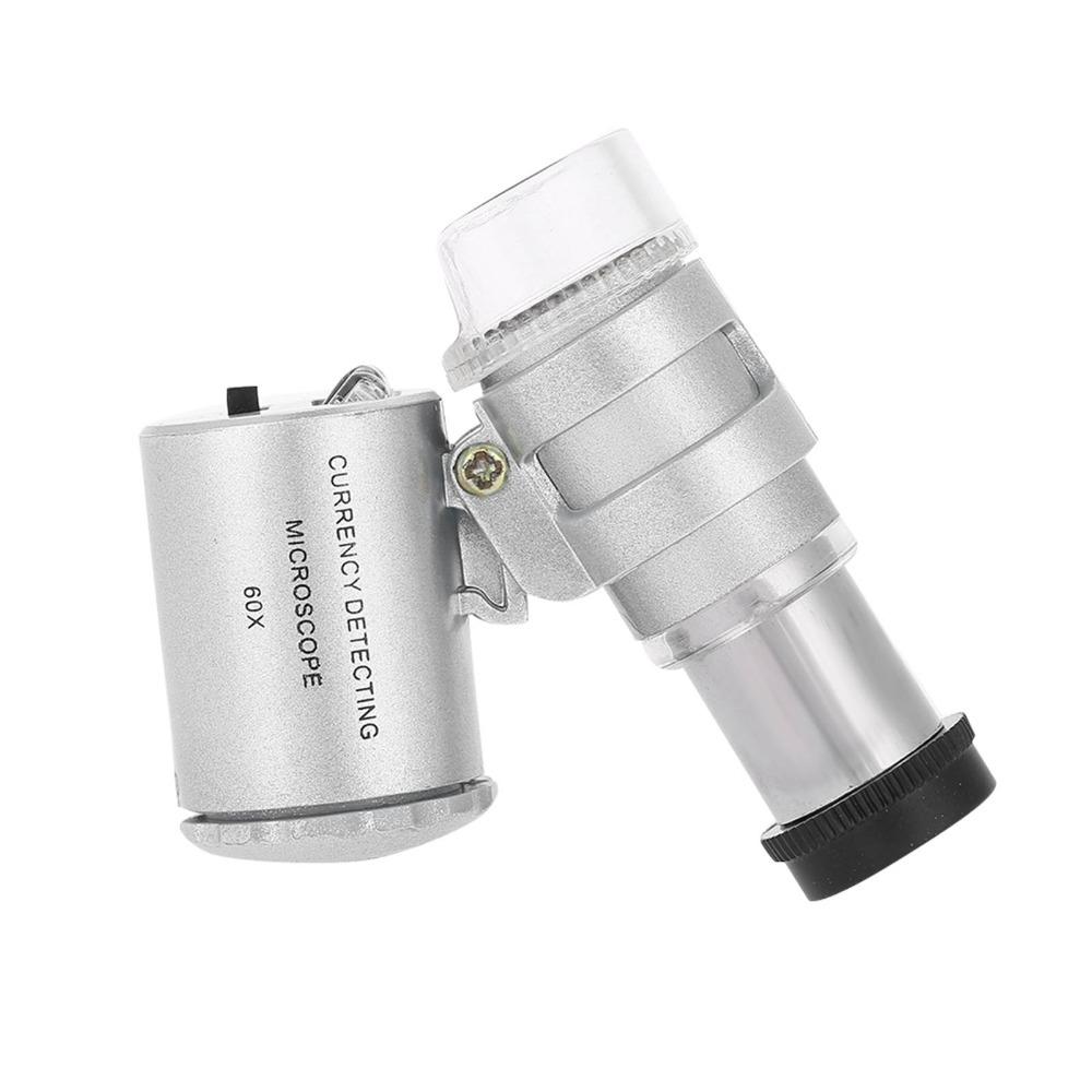 60X Magnification Pocket Microscope Adjustable Length Metal Material Mini Microscope LED Light Magnifier Loupe Lab Accessories